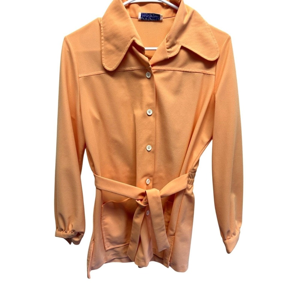 Ship n Shore Vintage 70s Peach Orange Polyester Knit Belted Button Down Shirt 16